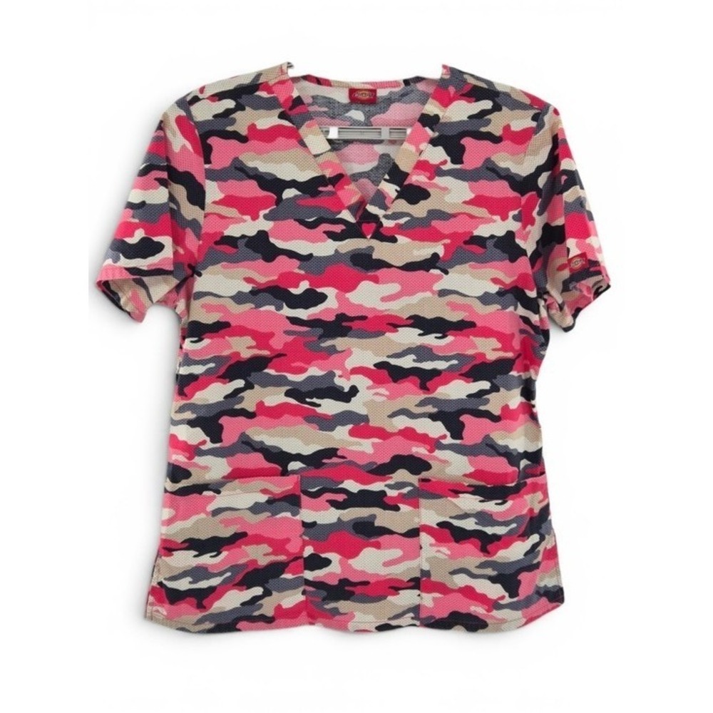 Dickies Pink Camo Scrub Top L Medical Uniform Shirt V Neck Utility Pockets Nurse
